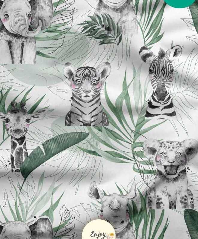 tissus  coton imprimé girafes et lions certifié OEKOTEX